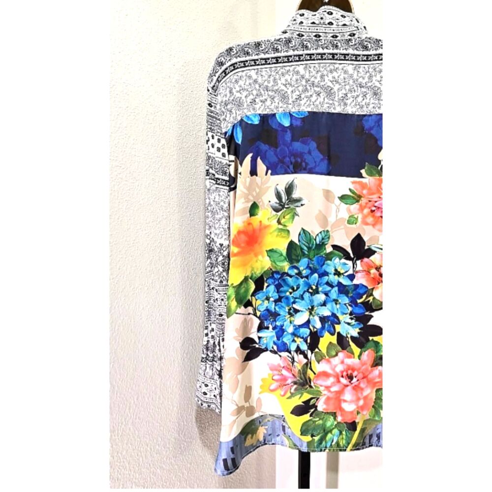 Vincente Button Top Womens Large Floral Garden Patchwork Mixed Print Artsy Boho